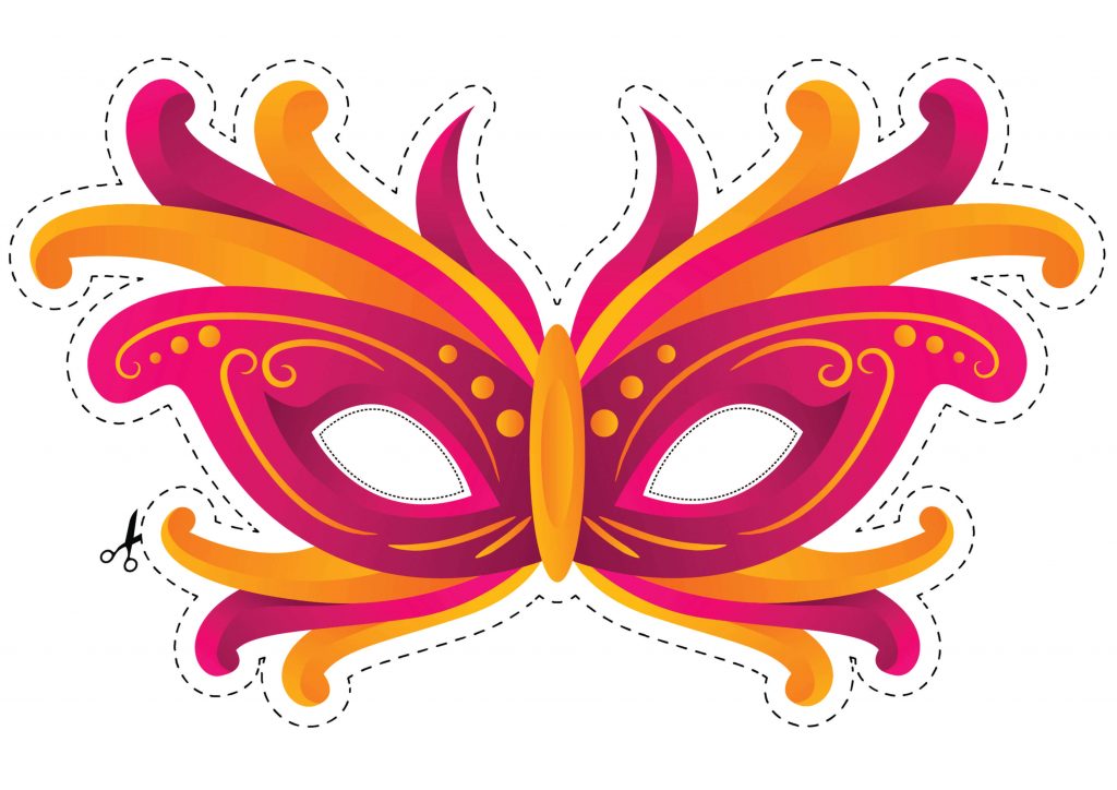 6) Molde de mascara rosa e laranja decorada para imprimir.
