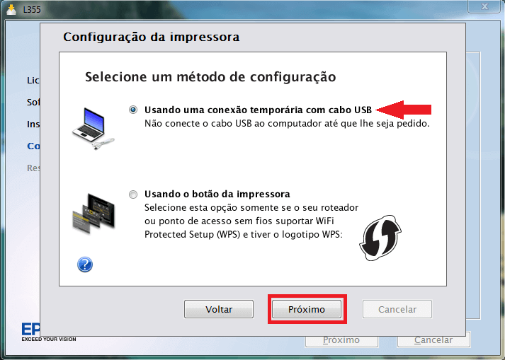 8. Selecione a configuração "conexão temporaria com cabo USB"