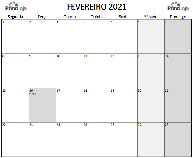2) Calendário para imprimir Fevereiro.