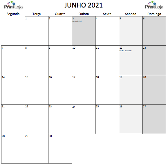 6) Calendário para imprimir Junho.