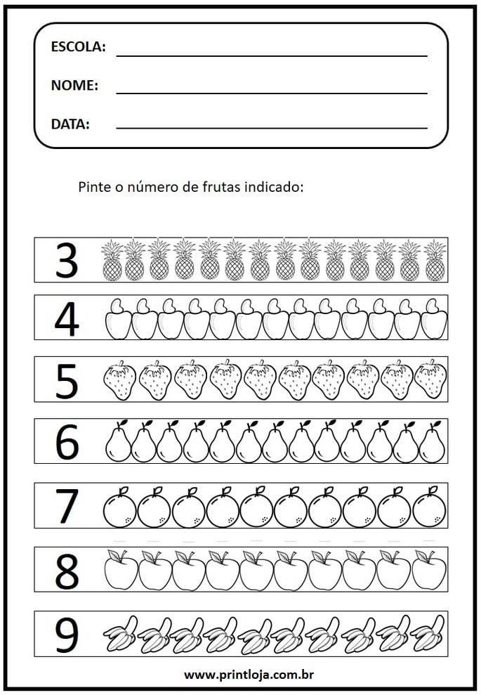 4) Atividade de matemática para imprimir, colorir e quantidade.