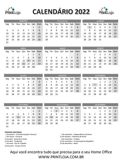 1) Calendário para imprimir 2022.