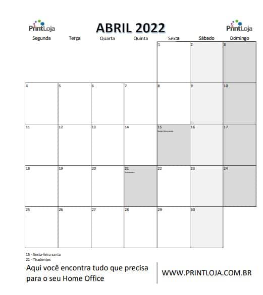 5) Calendário para imprimir 2022, abril.