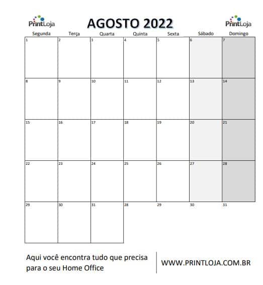 9) Calendário para imprimir 2022, agosto.