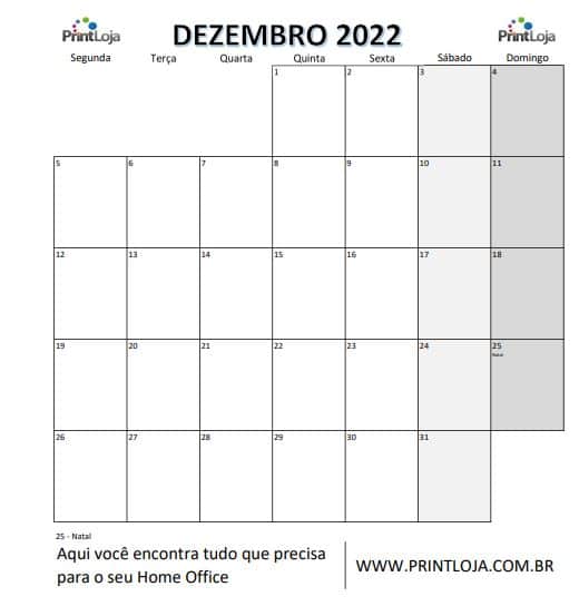 13) Calendário para imprimir 2022, dezembro.