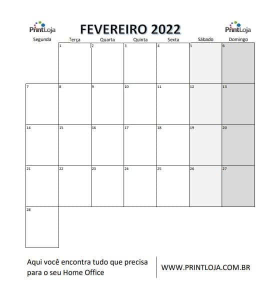 3) Calendário para imprimir 2022, fevereiro.