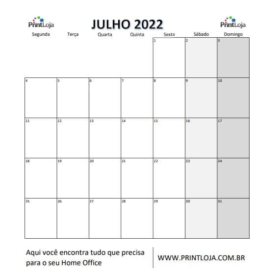 8) Calendário para imprimir 2022, julho.