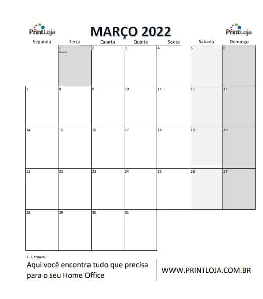4) Calendário para imprimir 2022, março.