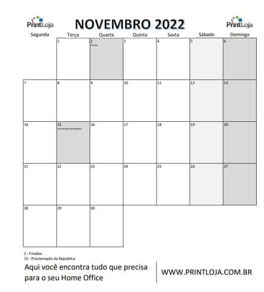 12) Calendário para imprimir 2022, novembro.