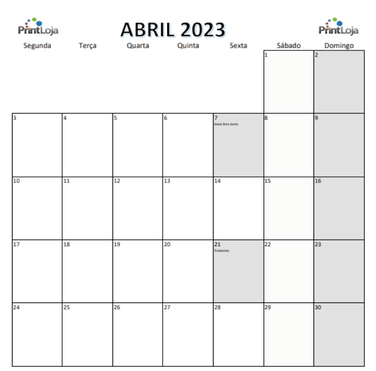 Calendário para imprimir de Abril 2023 em tamanho a4.
