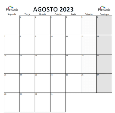 Calendário para imprimir em folha Agosto 2023