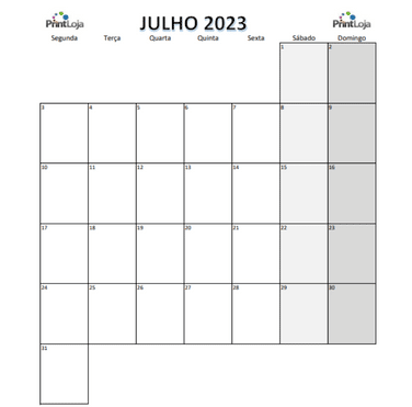 Calendário para imprimir em folha a4 Julho de 2023.