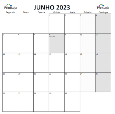 Calendário para imprimir tamanho a4 de Junho 2023