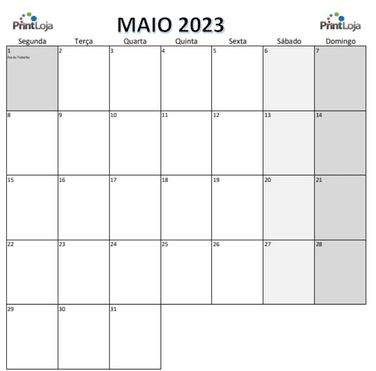 Calendário para imprimir tamanho a4 de Maio 2023