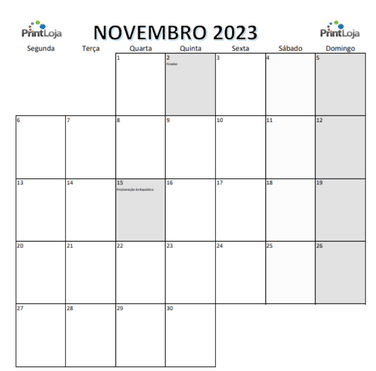 Calendário para imprimir, Novembro de 2023.